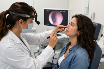 Otorrinolaringologista realizando exame nasal em paciente durante consulta especializada para avaliação da saúde respiratória em clínica médica.