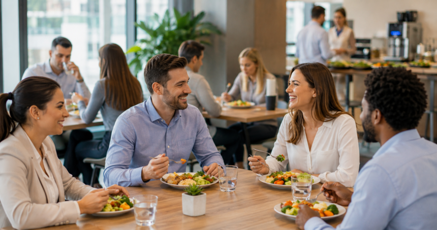 Colaboradores em ambiente corporativo moderno realizando refeição saudável durante o expediente, destacando o impacto positivo dos fornecedores de refeições no bem-estar e na produtividade no trabalho.