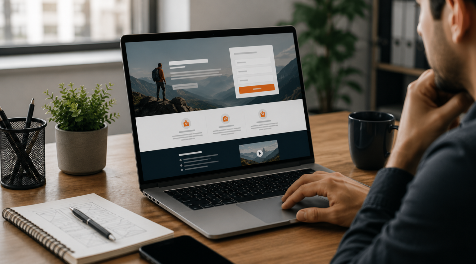 Profissional analisando landing page em notebook com formulário de captura de leads e estrutura otimizada para conversão em ambiente moderno de trabalho digital