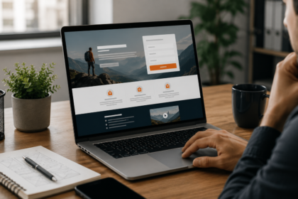 Profissional analisando landing page em notebook com formulário de captura de leads e estrutura otimizada para conversão em ambiente moderno de trabalho digital