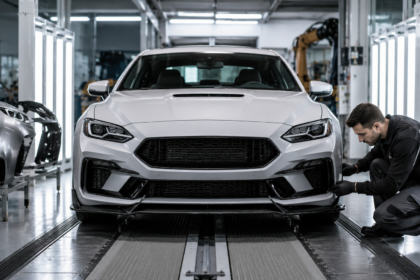 Parachoque esportivo sendo ajustado em oficina automotiva moderna com tecnologia avançada, destacando eficiência, inovação e qualidade em peças de lataria esportiva.